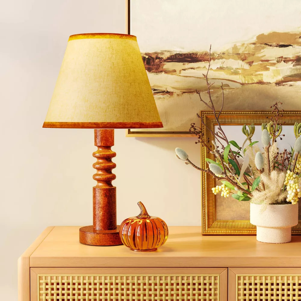 Vintage Holzoptik Schreibtischlampe mit Stoffschirm
